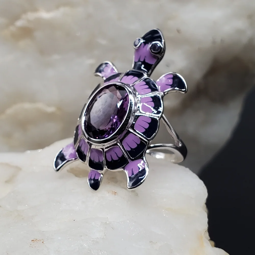 Solid Sterling Silver 925 Large Genuine Amethyst Gemstone Turtle Jewelry